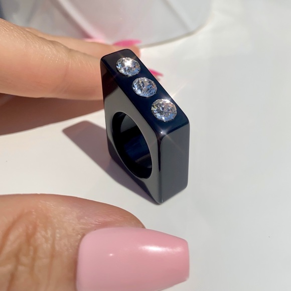 Black Acrylic Statement Ring Embellished With Genuine Crystals, Geometric Design - Picture 6 of 13
